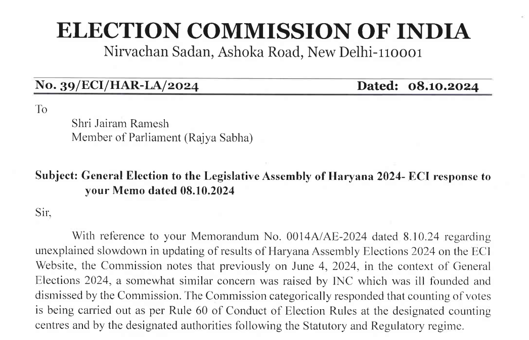 ECI Response to Congress Allegations of Slowdown in Haryana Results